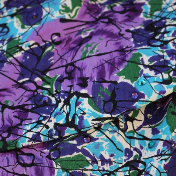 Vintage 1950s Blue & Purple Floral Circle Dress with Rhinestone Accents - Picture 7 of 8